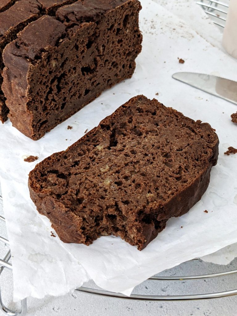 With just 100 calories a slice, this healthy Chocolate Protein Banana Bread is as good as it gets! A fat free and sugar free chocolate banana bread made with whole wheat flour and sweetened with chocolate protein powder. No oil and no sugar added!