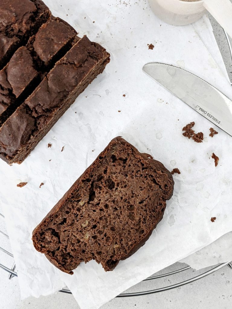 With just 100 calories a slice, this healthy Chocolate Protein Banana Bread is as good as it gets! A fat free and sugar free chocolate banana bread made with whole wheat flour and sweetened with chocolate protein powder. No oil and no sugar added!