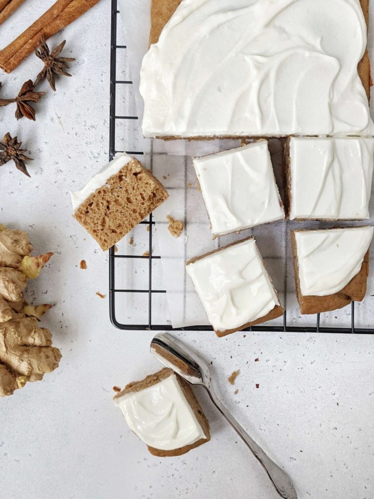 The perfect healthy High Protein Gingerbread Cake topped with a Protein Powder Greek Yogurt Frosting; A sugar free gingerbread cake recipe made with whole wheat flour, unflavored protein powder and no oil. A great healthy ginger dessert for snacking too.