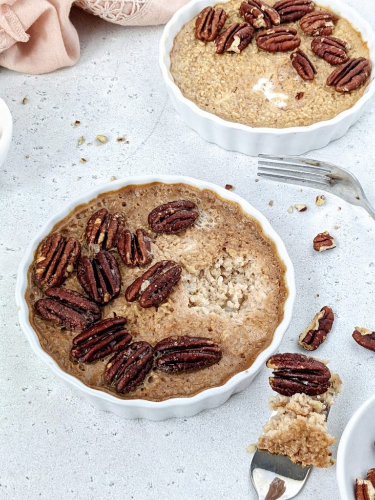 A sweet and crunchy Pecan Pie Baked Oatmeal for One - An easy and healthy single serving baked oatmeal for breakfast as a twist on the Thanksgiving dessert. With no corn syrup, it’s sugar-free and gluten-free too!