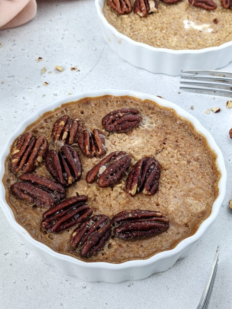 This healthy baked pecan pie oatmeal uses no oil, no butter, no milk, no added sugar, just clean ingredients. No bananas either like the typical.