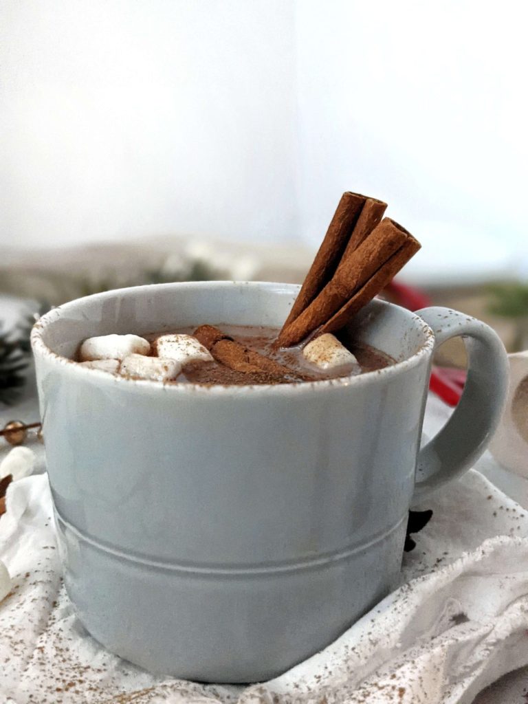 My All-time favorite Protein Mexican Hot Chocolate made with cacao powder and protein powder. This healthy hot chocolate uses almond milk and no chocolate chips, making it Vegan and Dairy free too. The perfect spicy chocolate drink for a cozy night in.