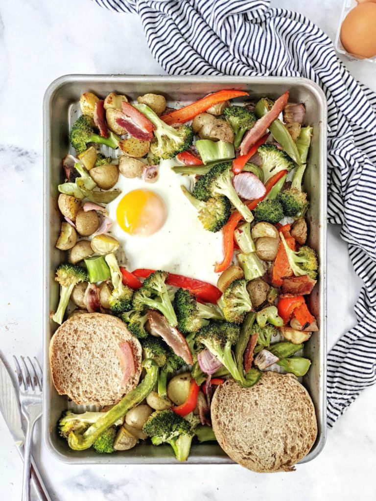 A delicious and easy Sheet Pan Breakfast for One complete with roasted vegetables, potatoes, bacon, eggs and an English Muffin all baked in one pan! A perfect healthy one pan breakfast bake for a fancy individual brunch too.