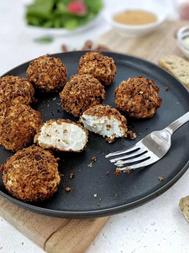 These Air Fryer Goat Cheese Balls made with homemade gluten free bread crumbs are crispy, creamy, and a definite must try! Make ahead and freeze these goat cheese bites ahead of time and you have a quick and easy frozen appetizer for your next party.