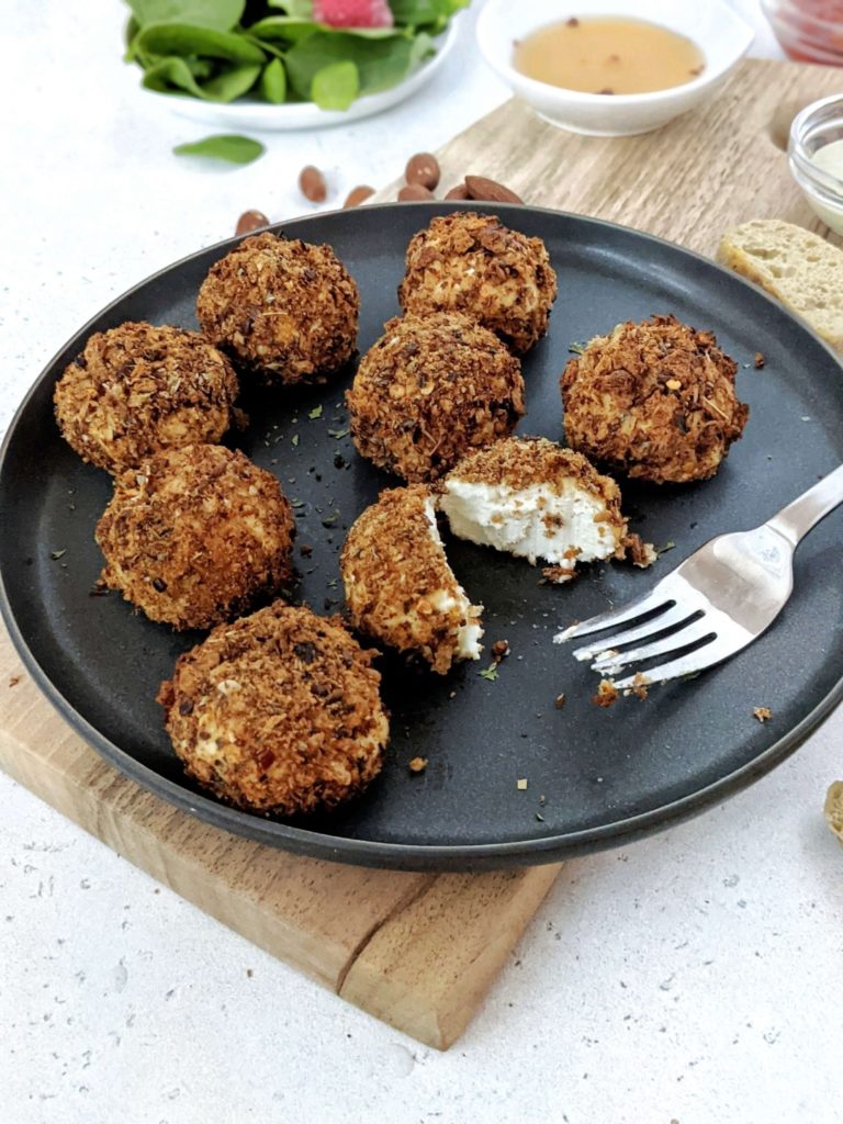 These Air Fryer Goat Cheese Balls made with homemade gluten free bread crumbs are crispy, creamy, and a definite must try! Make ahead and freeze these goat cheese bites ahead of time and you have a quick and easy frozen appetizer for your next party.