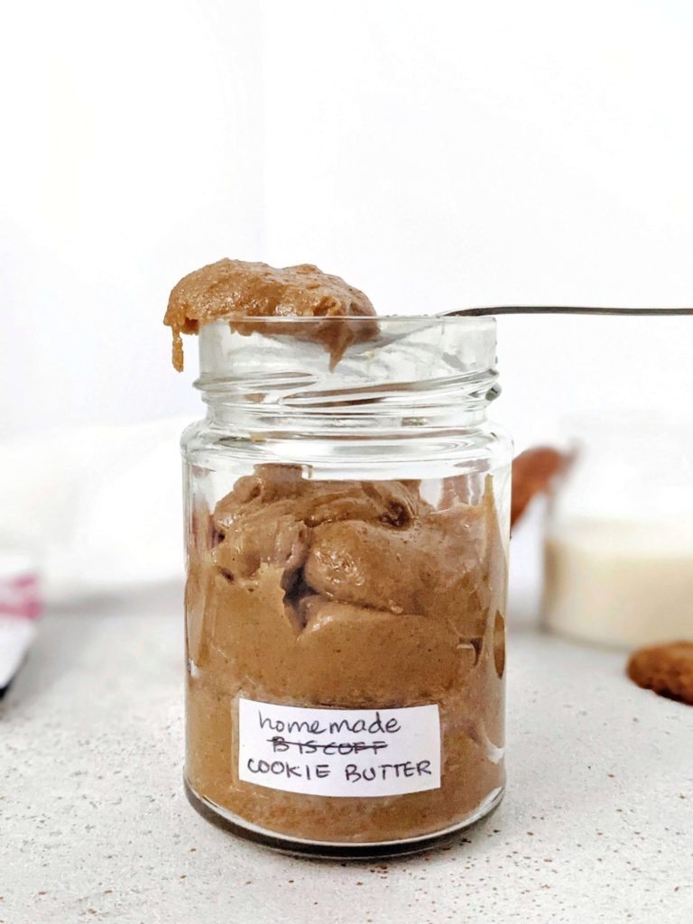 An easy and healthy homemade Cookie Butter with just 3 ingredients! Use any leftover cookies, some almond butter and milk for this low fat cookie butter recipe that’s better than Biscoff and Speculoos spread; No sugar needed, and easily low carb too!