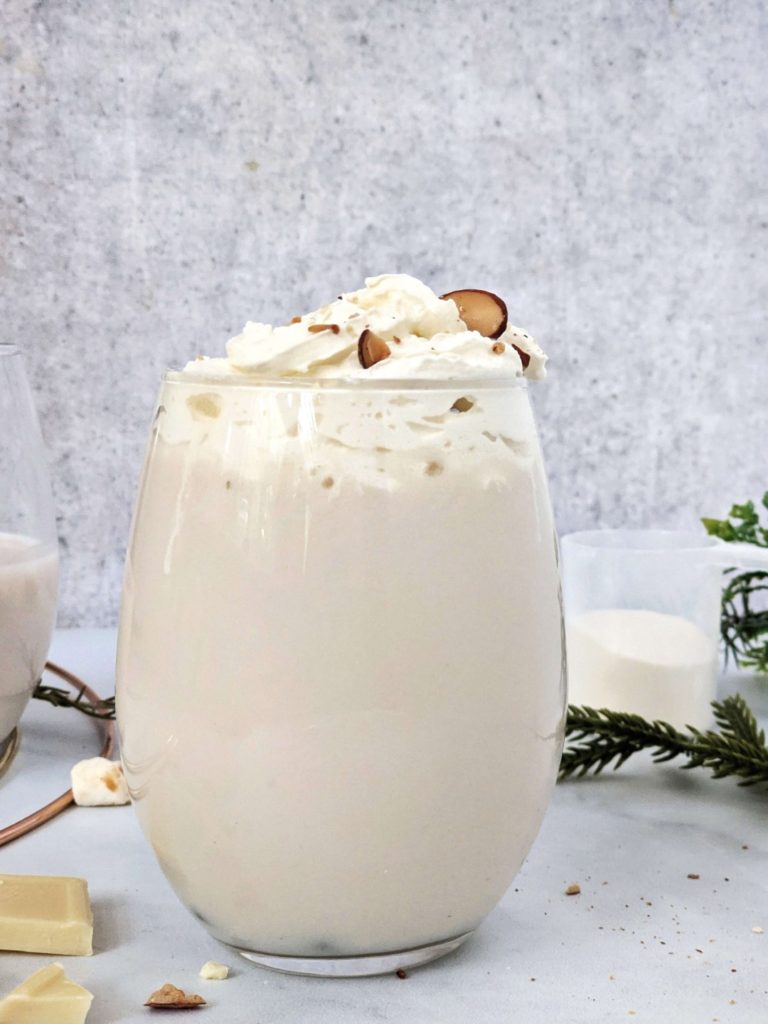 A luscious Homemade White Hot Chocolate made with Protein Powder! This healthy protein white hot chocolate uses vanilla protein powder as well as white chocolate for the perfect creamy texture, with a lot lesser calories!