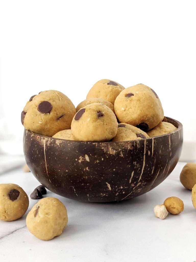 Chickpea Cookie Dough Protein Balls made with healthy ingredients like peanut butter powder and protein powder are perfect for a dessert or post workout treat. These easy chickpea protein balls taste like bites of raw chocolate chip cookie dough and are Vegan, Gluten Free and Sugar Free too.