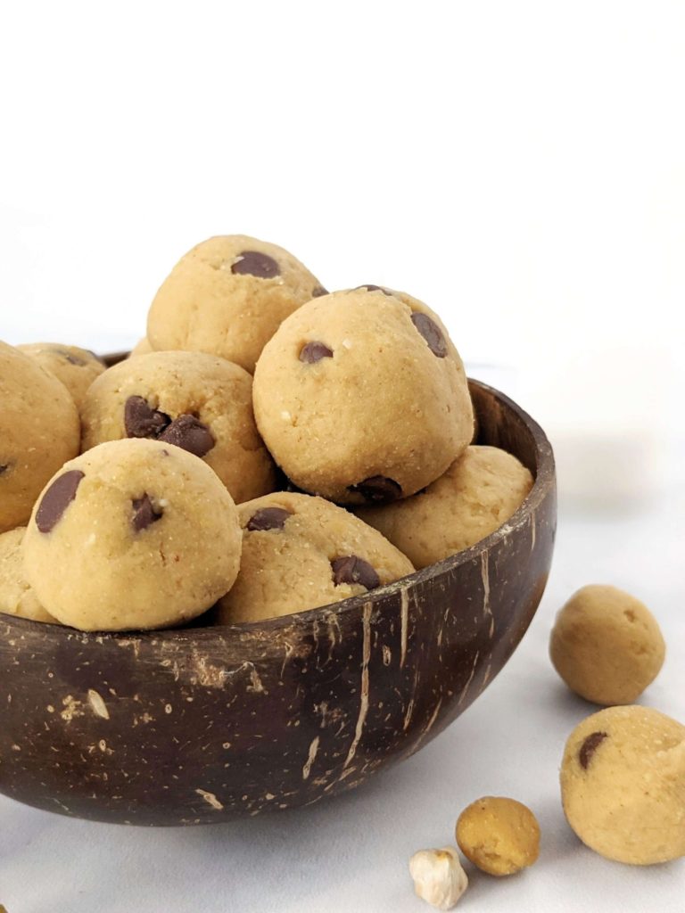 Chickpea Cookie Dough Protein Balls made with healthy ingredients like peanut butter powder and protein powder are perfect for a dessert or post workout treat. These easy chickpea protein balls taste like bites of raw chocolate chip cookie dough and are Vegan, Gluten Free and Sugar Free too.