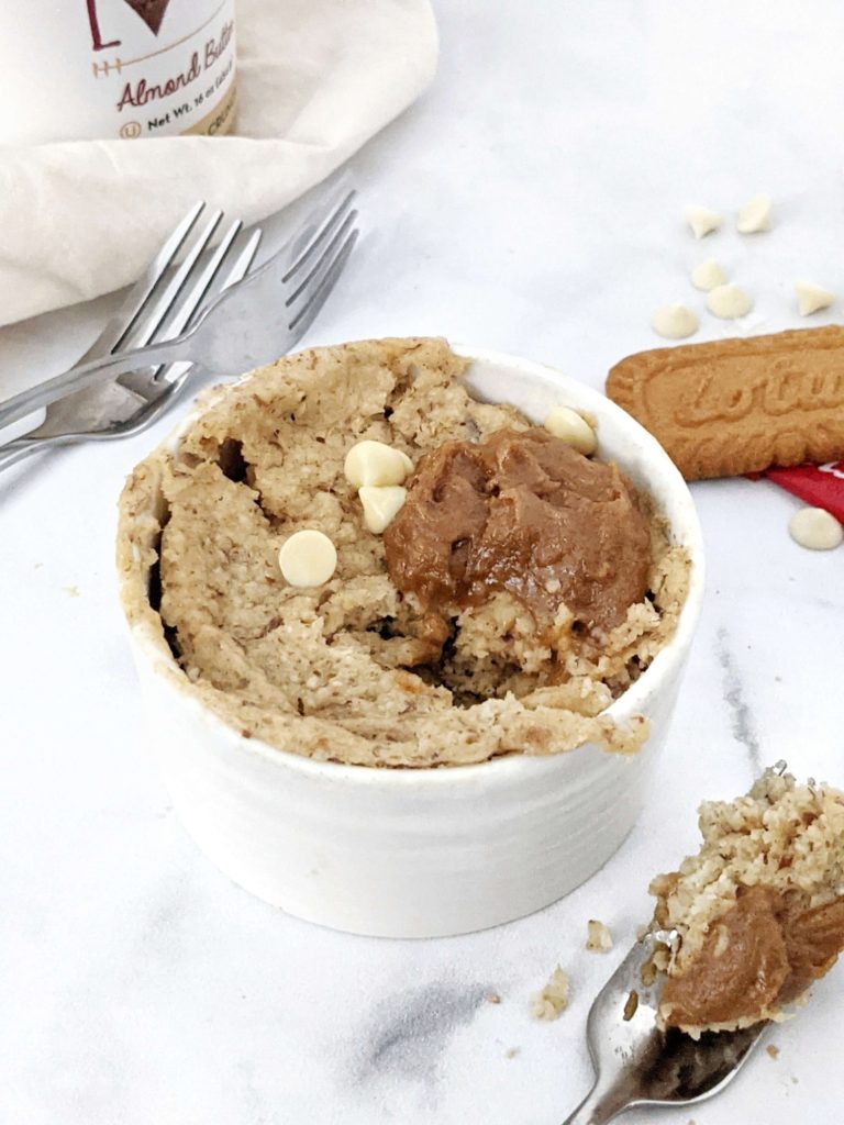 Soft, fluffy and the best Cookie Butter Mug Cake made with a healthy homemade lotus Biscoff spread and sweetened with protein powder. This Biscoff butter mug cake has no eggs and uses oat and almond flour - great gluten free and Vegan microwave mug cake recipe!