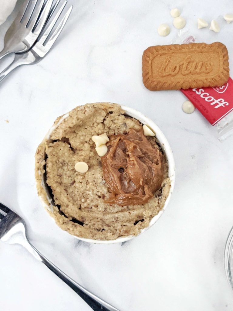 Soft, fluffy and the best Cookie Butter Mug Cake made with a healthy homemade lotus Biscoff spread and sweetened with protein powder. This Biscoff butter mug cake has no eggs and uses oat and almond flour - great gluten free and Vegan microwave mug cake recipe!