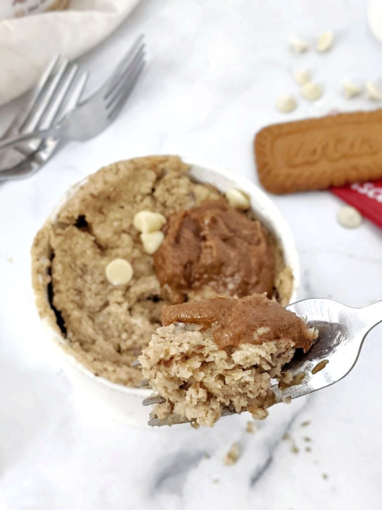 Soft, fluffy and the best Cookie Butter Mug Cake made with a healthy homemade lotus Biscoff spread and sweetened with protein powder. This Biscoff butter mug cake has no eggs and uses oat and almond flour - great gluten free and Vegan microwave mug cake recipe!