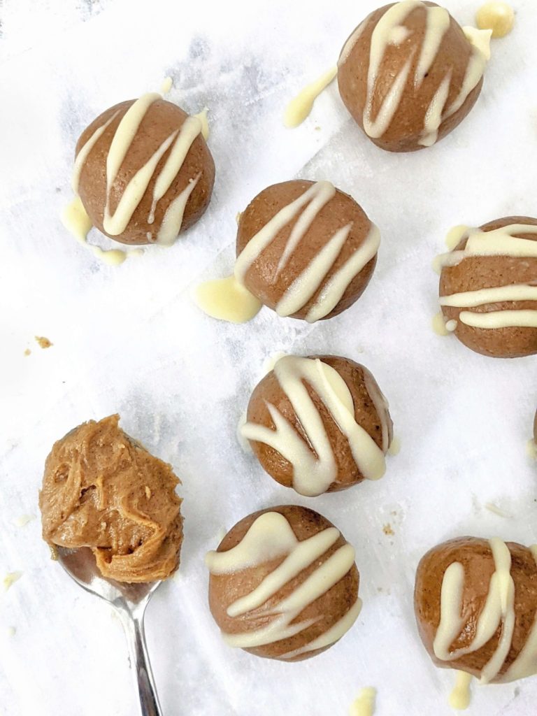 Easy, high protein Cookie Butter Balls with just 3 ingredients. Make no bake cookie butter truffles with Biscoff or homemade spread for a Gluten Free, Vegan and Keto energy balls recipe!
