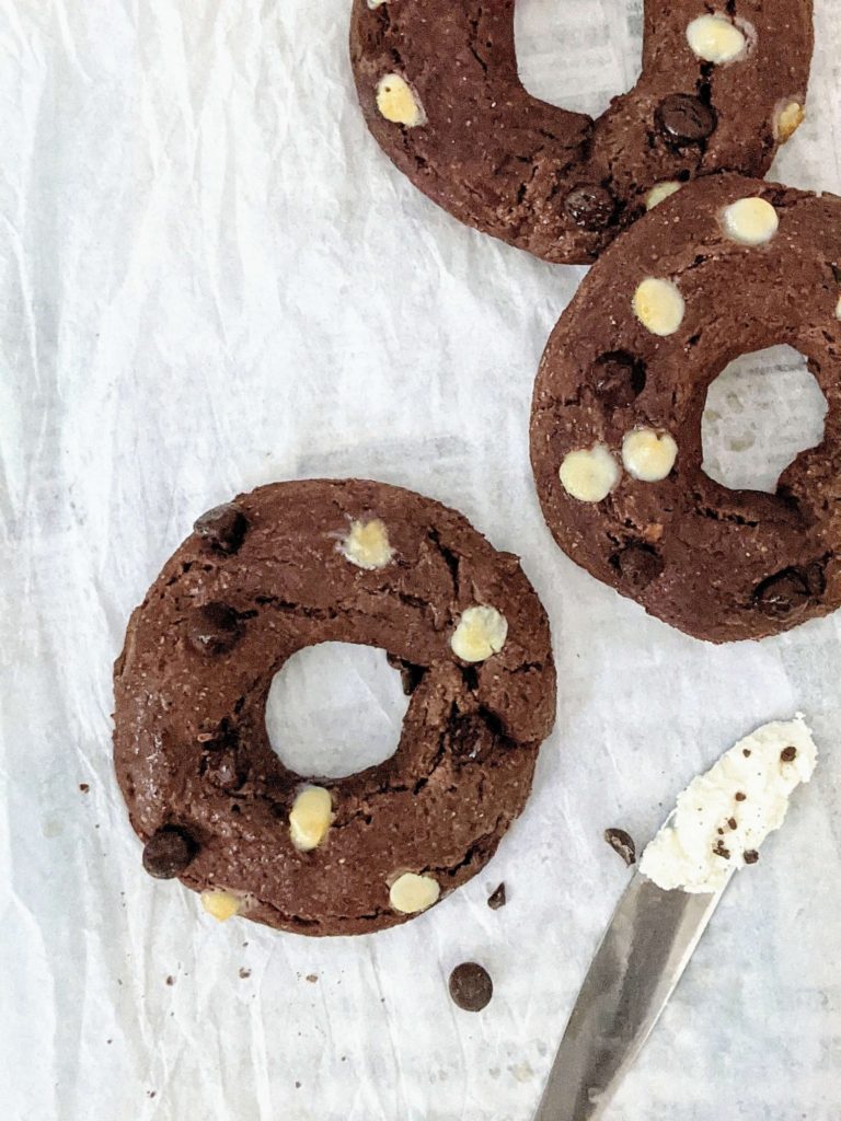 Healthy Whole Wheat Chocolate Bagels made with no yeast! Using whole wheat flour and greek yogurt, these 2 ingredient dough chocolate chocolate chip bagels are baked and perfect quick dessert-breakfast!