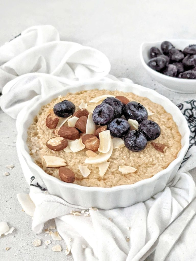 Quick Air Fryer Baked Oatmeal with collagen for extra protein ready in 10 minutes! Made with instant oats and sugar free, this air fryer oatmeal bake is a healthy single serve breakfast with a Vegan option too.