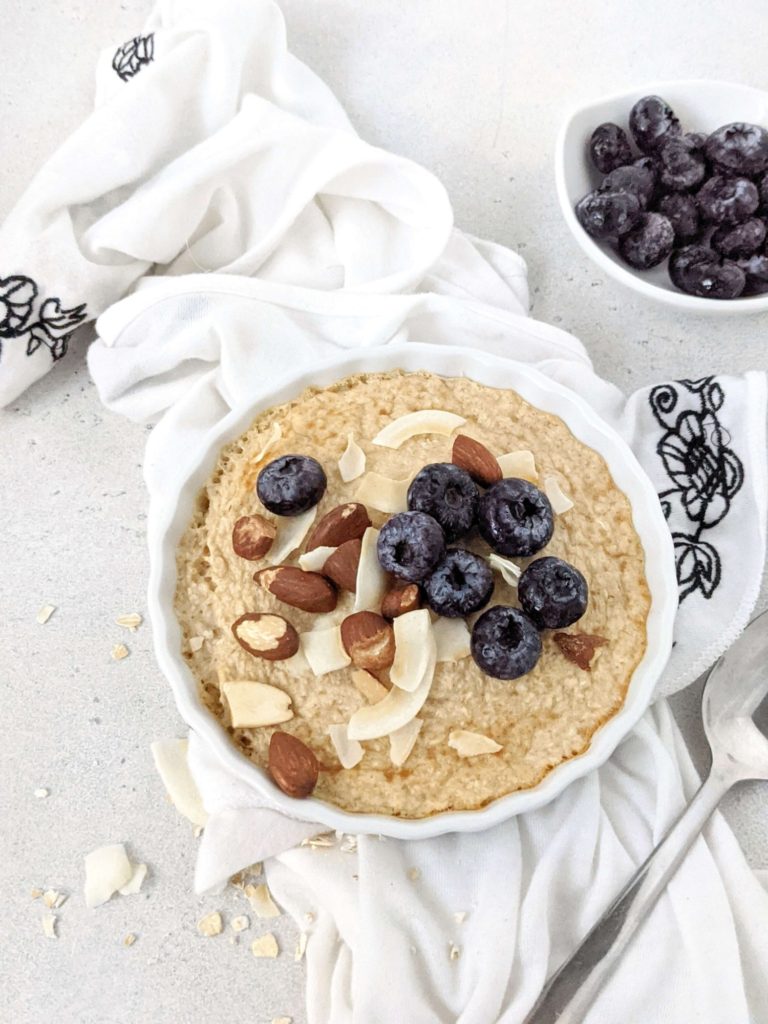 Quick Air Fryer Baked Oatmeal with collagen for extra protein ready in 10 minutes! Made with instant oats and sugar free, this air fryer oatmeal bake is a healthy single serve breakfast with a Vegan option too.