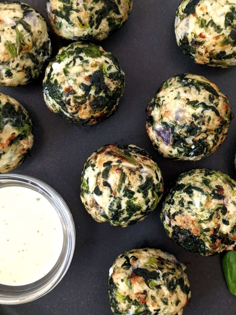 Slightly spicy Air Fryer Turkey Spinach Meatballs with 2 types of cheese! These air fryer ground turkey meatballs are loaded with spinach and have no breadcrumbs or egg for a healthy and keto recipe; Perfect for a frozen appetizer prep too.