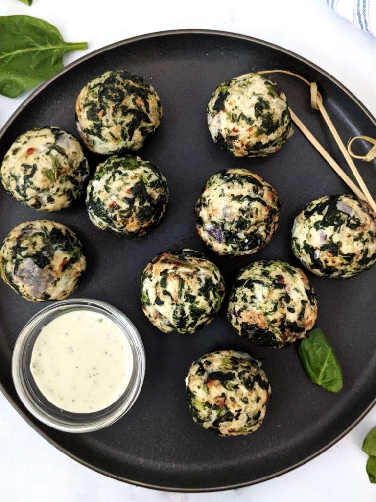 Slightly spicy Air Fryer Turkey Spinach Meatballs with 2 types of cheese! These air fryer ground turkey meatballs are loaded with spinach and have no breadcrumbs or egg for a healthy and keto recipe; Perfect for a frozen appetizer prep too.