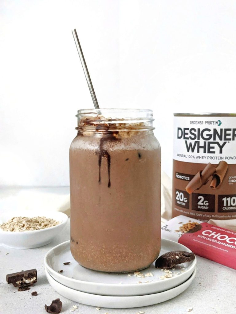 A thick and indulgent Chocolate Oatmeal Protein Smoothie made creamy with rolled oats and no banana! This double chocolate oat protein shake has cocoa powder too and is perfect for hearty and filling breakfast, post workout, or even weight loss.