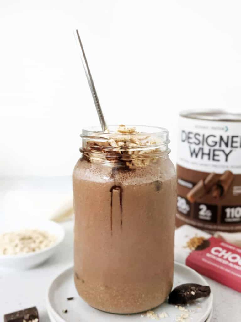 A thick and indulgent Chocolate Oatmeal Protein Smoothie made creamy with rolled oats and no banana! This double chocolate oat protein shake has cocoa powder too and is perfect for hearty and filling breakfast, post workout, or even weight loss.