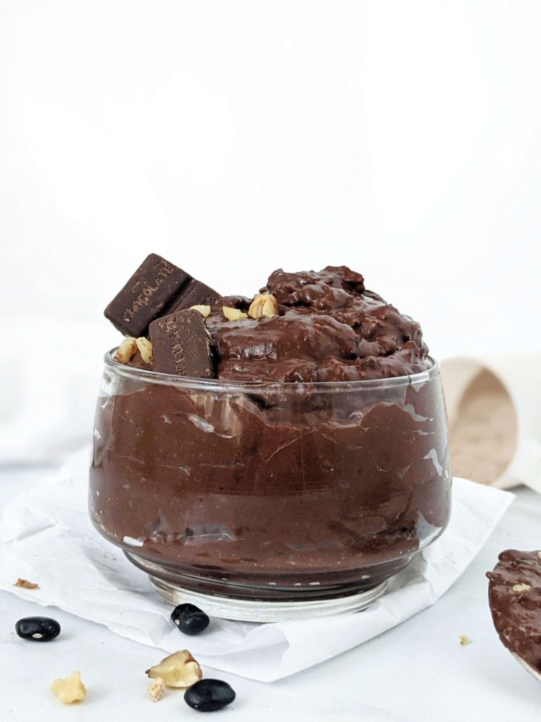 Rich and indulgent edible Protein Brownie Batter made with Black Beans! This healthy brownie batter dip is sweetened with chocolate protein powder and has no sugar; A guilt-free dessert, snack and post workout treat in one!