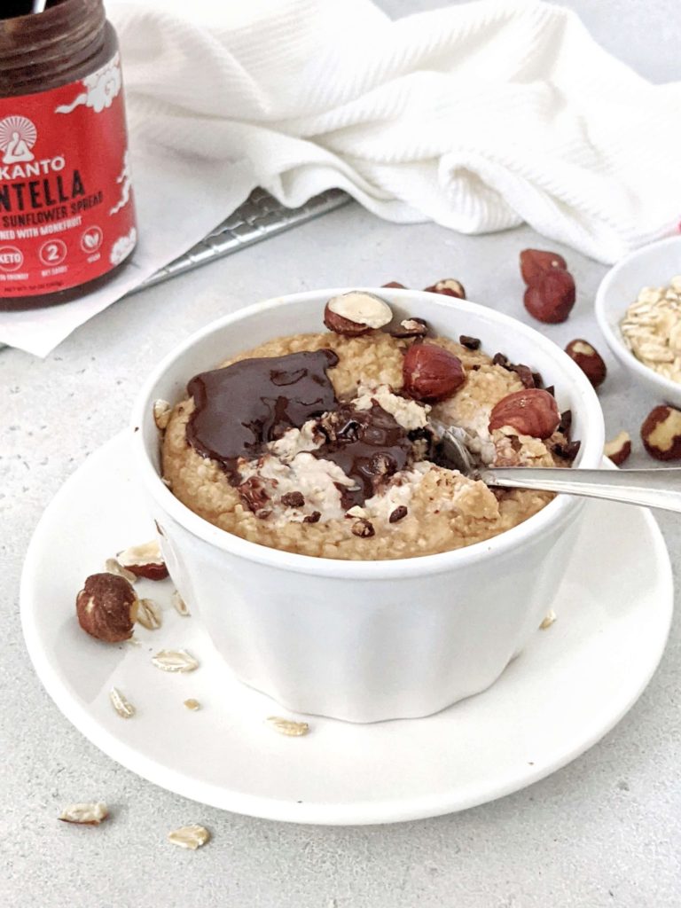 A high protein and low calorie Nutella Baked Oats perfect for a healthy breakfast or dessert! This single serve Nutella baked oatmeal is sweetened with protein powder, has no egg and can easily be made Vegan too!