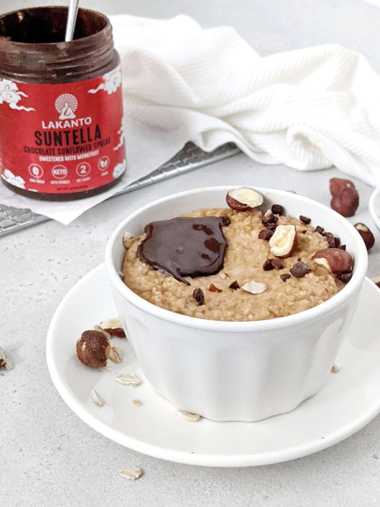 A high protein and low calorie Nutella Baked Oats perfect for a healthy breakfast or dessert! This single serve Nutella baked oatmeal is sweetened with protein powder, has no egg and can easily be made Vegan too!