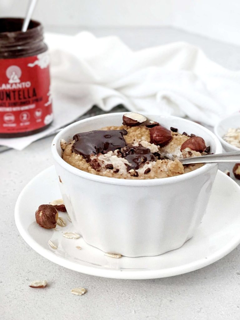 A high protein and low calorie Nutella Baked Oats perfect for a healthy breakfast or dessert! This single serve Nutella baked oatmeal is sweetened with protein powder, has no egg and can easily be made Vegan too!