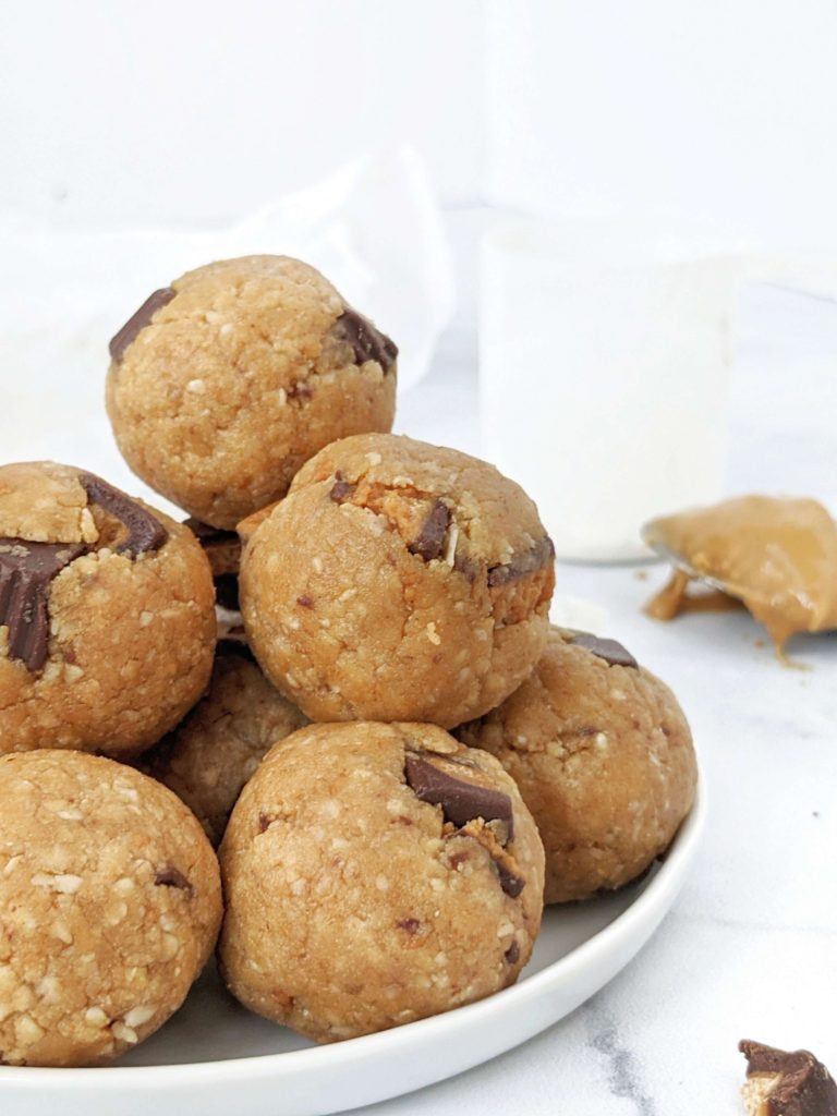Easy, no bake Peanut Butter Cup Protein Balls that taste like bites of Reese’s cookies but are sugar free and gluten free! These healthy Reeses protein balls are made with oats, peanut butter and stevia protein powder for the perfect workout snack.