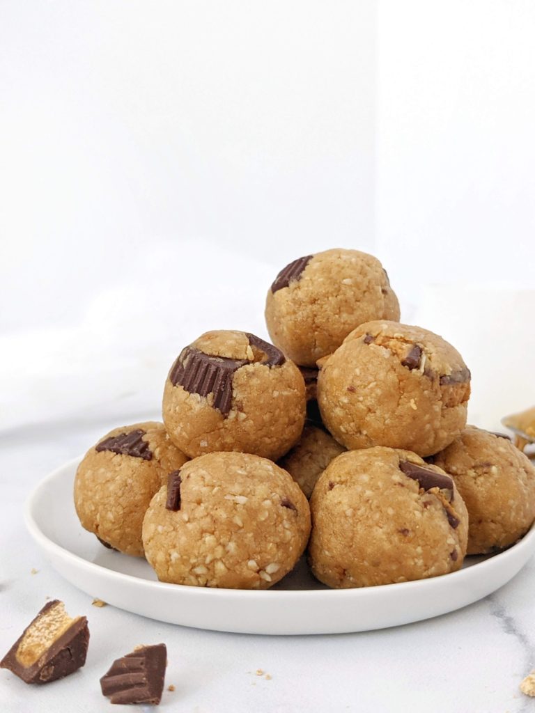 Easy, no bake Peanut Butter Cup Protein Balls that taste like bites of Reese’s cookies but are sugar free and gluten free! These healthy Reeses protein balls are made with oats, peanut butter and stevia protein powder for the perfect workout snack.