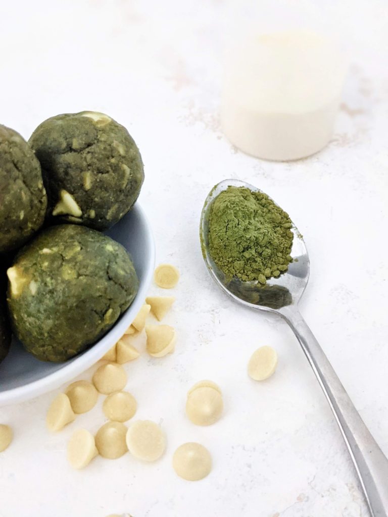 Pretty and pretty perfect Matcha Protein Balls studded with White Chocolate Chips! These green protein balls use nut butter and oats and are a great no bake snack or high protein matcha dessert. Option for a Keto matcha chocolate protein bites too!