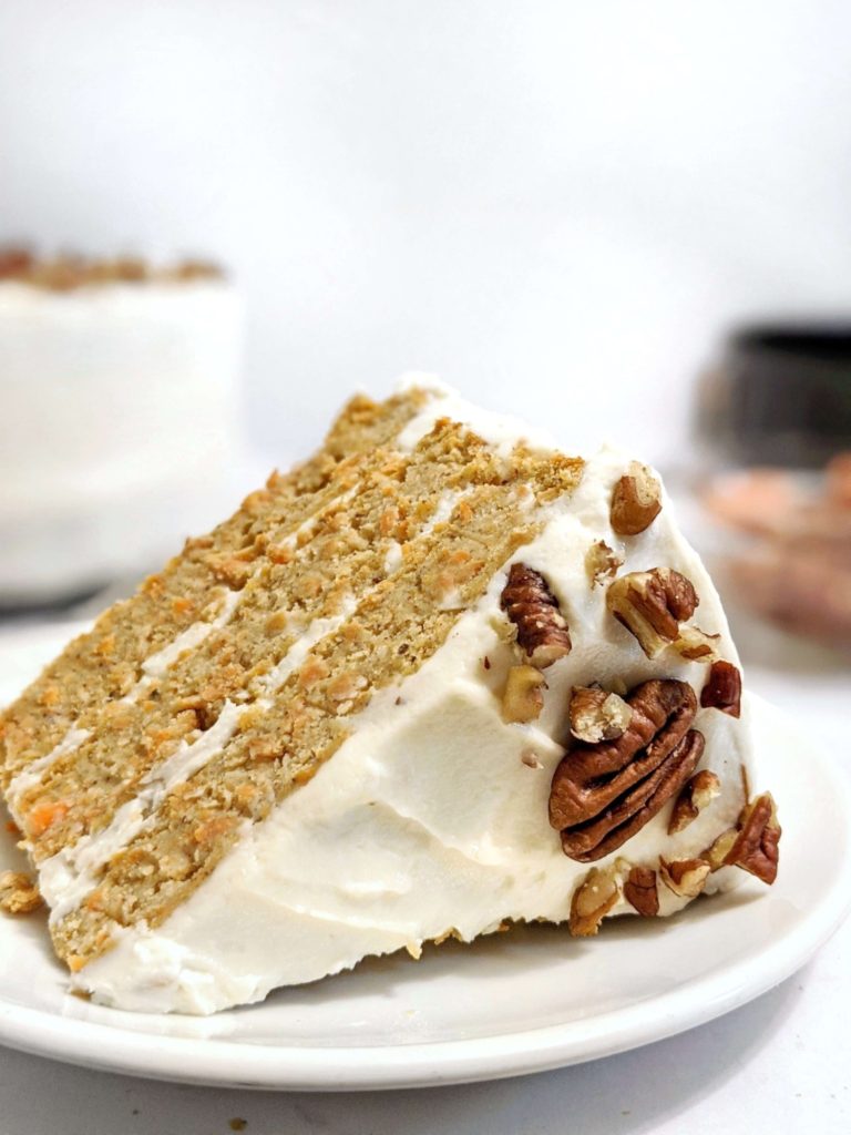 Without a doubt the Best Darn Healthy Protein Carrot Cake you will ever eat: Made with whole ingredients and protein powder, and topped with a protein yogurt frosting. This will be surely your new favorite carrot cake recipe!