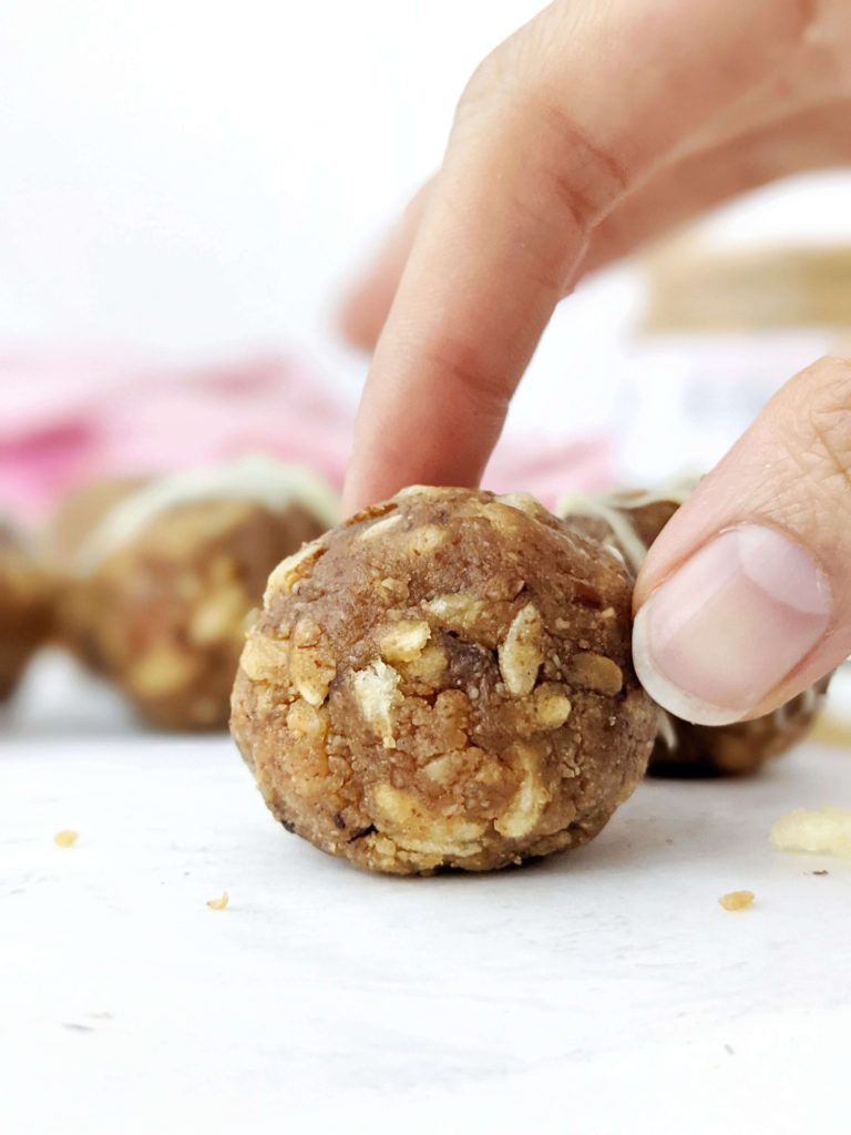 Crunchy and chewy Caramel Protein Balls with almond butter and crunchy cereal. Salted Caramel and almond protein balls are sweetened with protein power and use almond flour; A gluten free and vegan energy ball recipe!