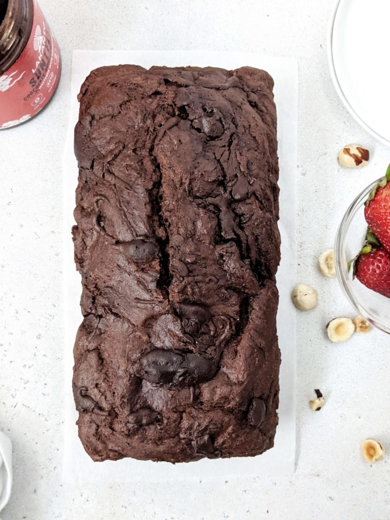 A rich Double Chocolate Protein Loaf swirled with Nutella for an indulgent breakfast quick bread or dessert. High protein chocolate bread uses Greek yogurt, is sweetened with protein powder, has no sugar and no yeast either.
