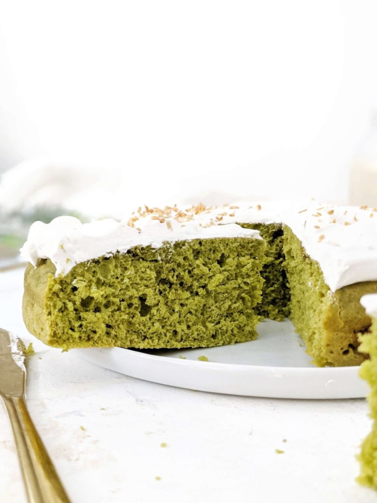 A healthy but still amazing Matcha Protein Cake with Japanese green tea flavor, subtle sweetness and soft sponge cake texture. This healthy matcha cake recipe is sweetened with protein powder, has no sugar and very little butter - the perfect healthy matcha dessert!