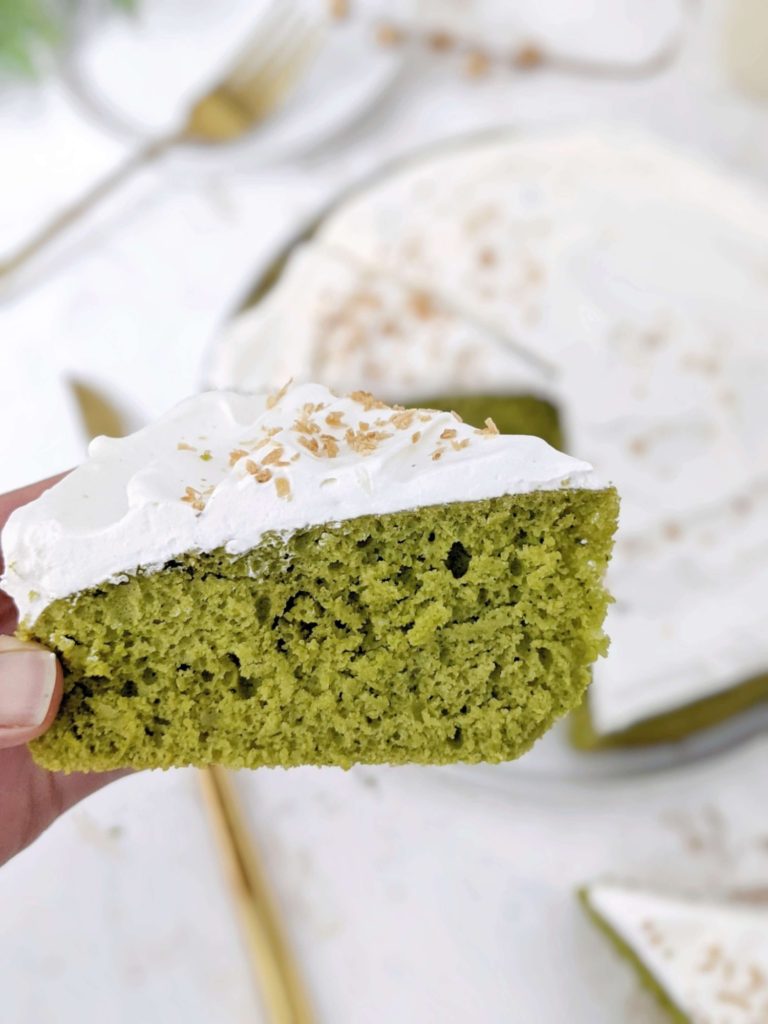 A healthy but still amazing Matcha Protein Cake with Japanese green tea flavor, subtle sweetness and soft sponge cake texture. This healthy matcha cake recipe is sweetened with protein powder, has no sugar and very little butter - the perfect healthy matcha dessert!