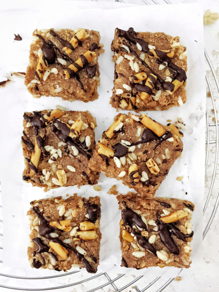 Soft and fudgy No Bake Protein Blondies with rich almond butter flavor and perfect sweetness from protein powder. With no baking involved, these protein powder blondie squares are a great quick fix healthy dessert; Sugar free, gluten free and low carb too.