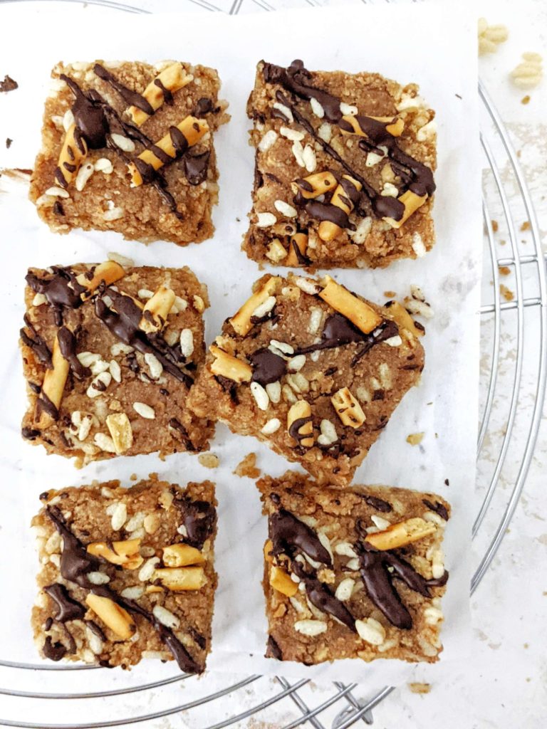 Soft and fudgy No Bake Protein Blondies with rich almond butter flavor and perfect sweetness from protein powder. With no baking involved, these protein powder blondie squares are a great quick fix healthy dessert; Sugar free, gluten free and low carb too.