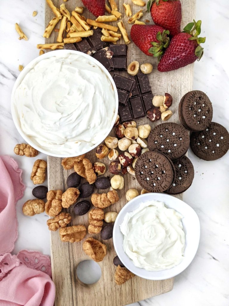 A truly easy and healthy Protein Cheesecake Dip with Greek Yogurt and protein powder, but no powdered sugar! 3 ingredient cheesecake dip is like a deconstructed cheesecake and a perfect protein powder fruit dip for dessert.