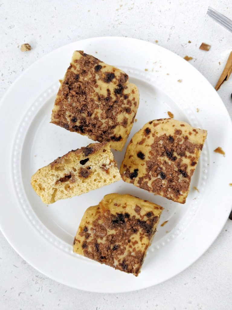 An easy Protein Coffee Cake complete with a Cinnamon Coffee Streusel, perfect for a healthy snack or dessert. Made with whole wheat pasty flour, Greek yogurt, only a little butter, and sweetened with protein powder, this recipe makes a high protein, sugar free and healthy coffee cake!