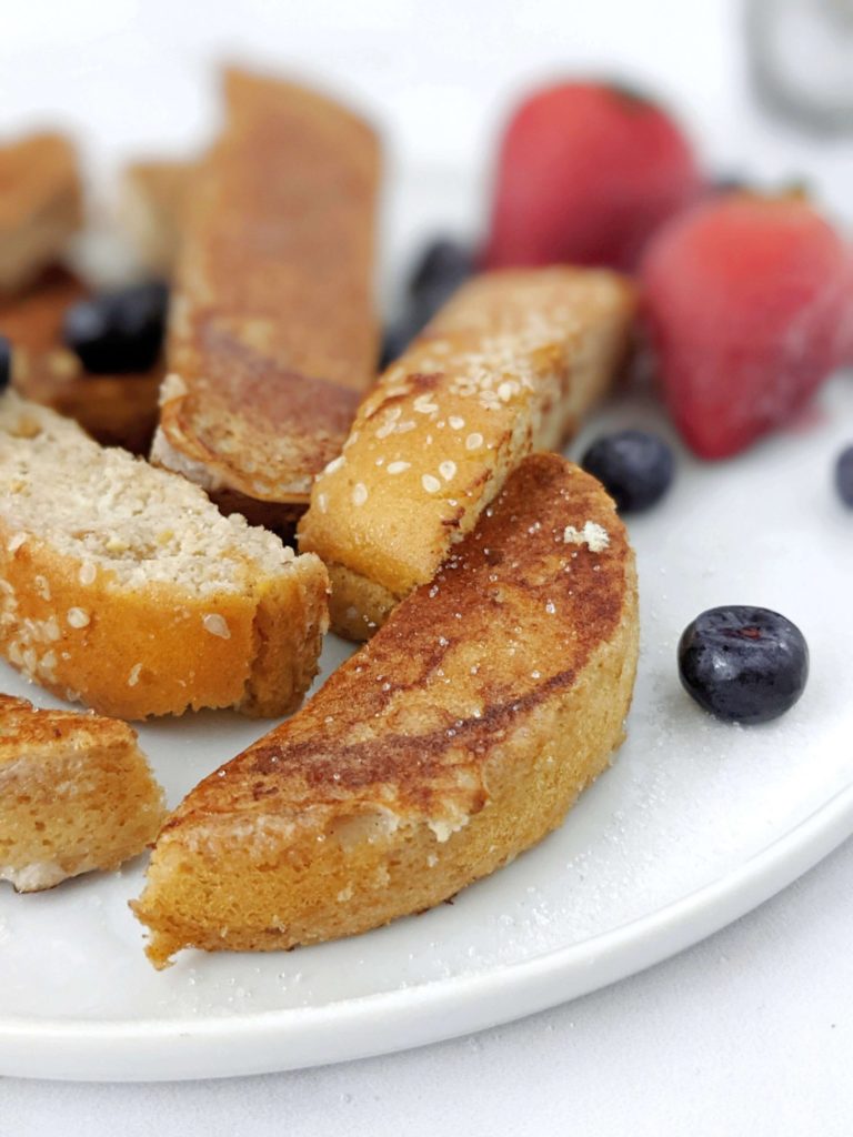 Very amazing and anabolic Protein French French Toast Sticks perfect for a high protein breakfast or post workout. With protein powder, egg whites and a hint of cinnamon, this anabolic french toast recipe might be better than your normal!