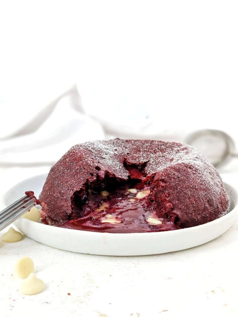 Protein Red Velvet Lava Cake - a big and indulgent dessert for one! This red velvet lava mug cake is made with whole wheat flour and sweetened with protein powder for a truly sugar free and healthy dessert!