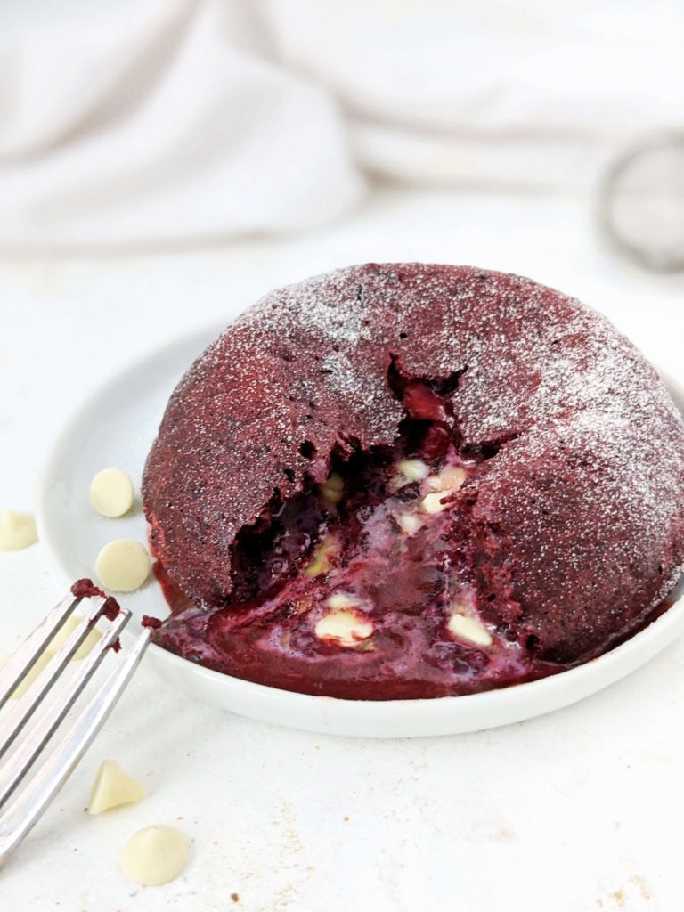 Protein Red Velvet Lava Cake - a big and indulgent dessert for one! This red velvet lava mug cake is made with whole wheat flour and sweetened with protein powder for a truly sugar free and healthy dessert!