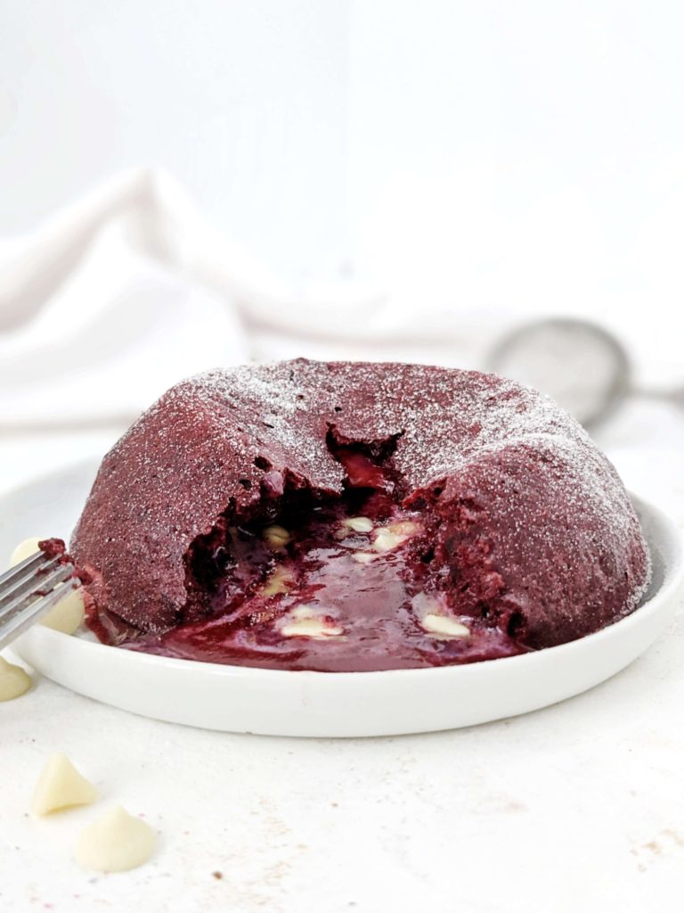 Protein Red Velvet Lava Cake - a big and indulgent dessert for one! This red velvet lava mug cake is made with whole wheat flour and sweetened with protein powder for a truly sugar free and healthy dessert!