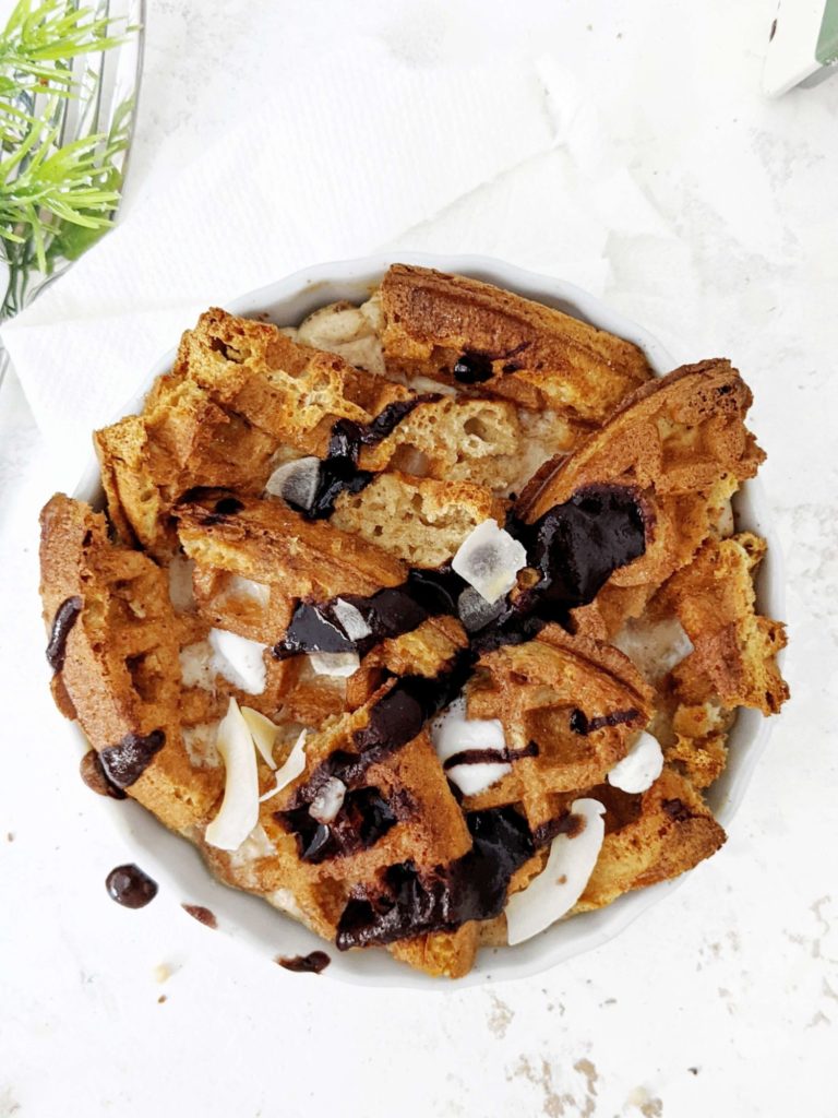 A hacky Protein Waffle Bread Pudding made with toaster waffles; Quick, easy and healthy waffle casserole bake with any leftover waffles and a creamy custard using protein powder and Greek yogurt. A breakfast, dessert or post workout in one!