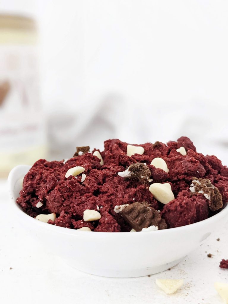 A ridiculously good Protein Red Velvet Cookie Dough that’s sugar free, gluten free, dairy free and Vegan! Edible red velvet cookie dough is sweetened with protein powder and monk fruit and perfect for quick cookie and cake cravings.