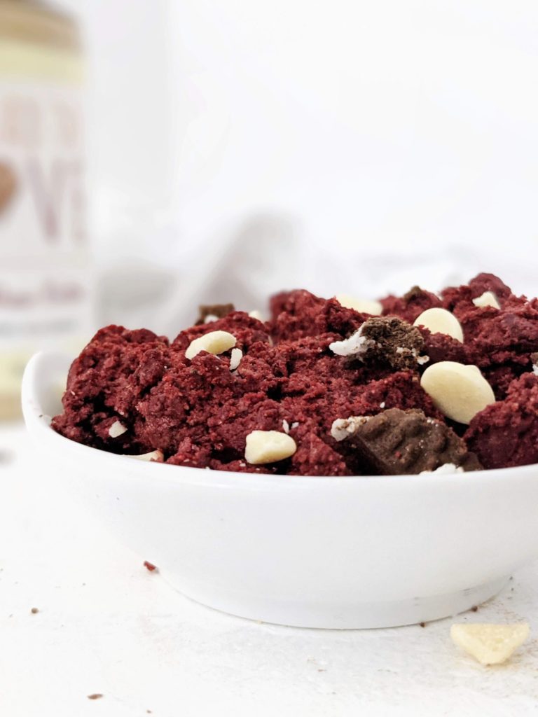 A ridiculously good Protein Red Velvet Cookie Dough that’s sugar free, gluten free, dairy free and Vegan! Edible red velvet cookie dough is sweetened with protein powder and monk fruit and perfect for quick cookie and cake cravings.