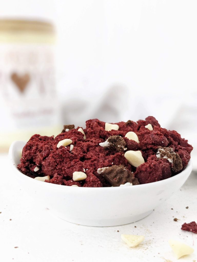 A ridiculously good Protein Red Velvet Cookie Dough that’s sugar free, gluten free, dairy free and Vegan! Edible red velvet cookie dough is sweetened with protein powder and monk fruit and perfect for quick cookie and cake cravings.