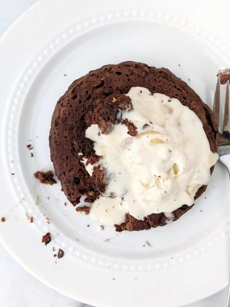 An amazing Single Serve Protein Brownie baked in the oven for the real fudgy effect. This healthy brownie for one is sweetened with protein powder and packed with Greek yogurt for the perfect single serving high protein brownie! No sugar, eggs or oil needed.