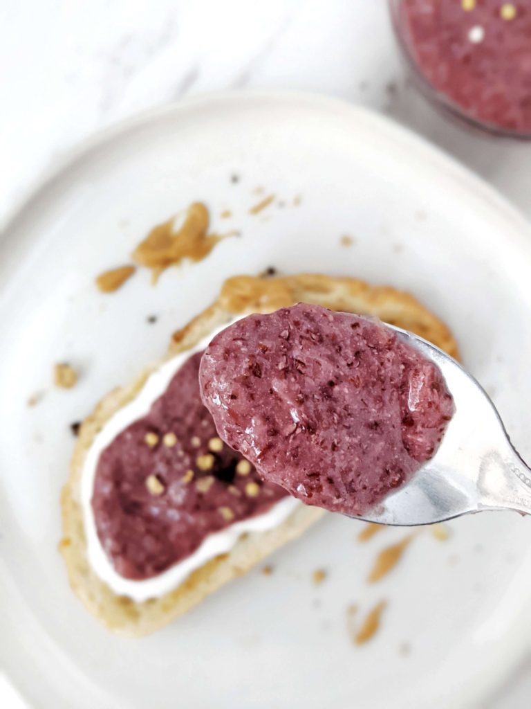 An unbelievable Strawberry Protein Jam sweetened with protein powder, boosted with collagen, and thickened with flaxseeds. This healthy high protein strawberry jam is sugar free, low carb, keto friendly, and much better than all the store stuff!